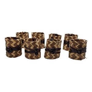Set of 8 Vintage Woven Raffia Napkin Rings Boho Coastal Natural Straw Two-Tone